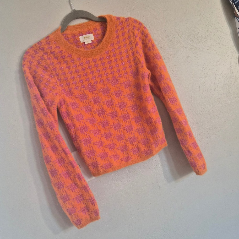 Maeve Anthropologie Metallic Fuzzy Houndstooth Crop Knit Sweater XS Orange Retro